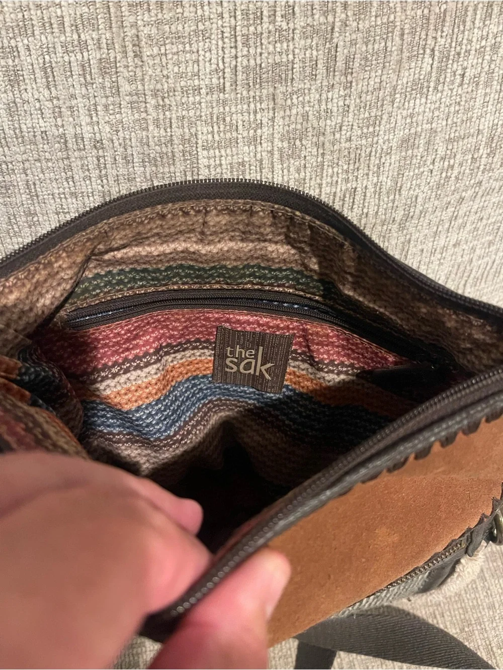 The Sak Leather Boho Crossbody Bag Brown Woven Southwestern